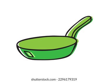 Black and green insulated frying pan with handle, black contour in doodle style, vector illustration