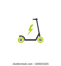 Black And Green Kick Scooter Or Balance Bike With Lightning Bolt Icon. Flat Push Scooter Isolated On White. Vector Charge Illustration. Eco Transport Symbol. Healthy Journey. Ecology.  Hipster. 