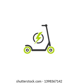 Black and green kick scooter or balance bike with lightning bolt icon. Flat push scooter isolated on white. Vector charge illustration. Eco transport symbol. Healthy journey. Ecology.  Hipster. 