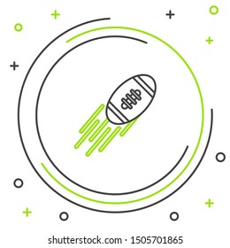 Black and green line American Football ball icon isolated on white background. Rugby ball icon. Team sport game symbol. Colorful outline concept. Vector Illustration