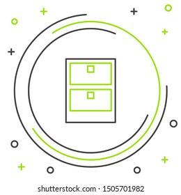 Black and green line Archive papers drawer icon isolated on white background. Drawer with documents. File cabinet drawer. Office furniture. Colorful outline concept. Vector Illustration