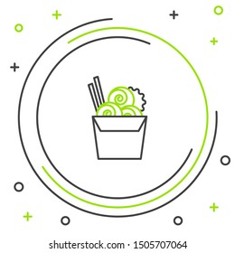 Black and green line Asian noodles in paper box and chopsticks icon isolated on white background. Street fast food menu. Korean, Japanese, Chinese food. Colorful outline concept. Vector Illustration