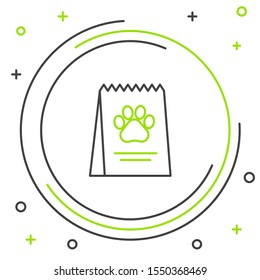 Black and green line Bag of food for dog icon isolated on white background. Dog or cat paw print. Food for animals. Pet food package. Colorful outline concept. Vector Illustration