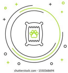 Black and green line Bag of food for dog icon isolated on white background. Dog or cat paw print. Food for animals. Pet food package. Colorful outline concept. Vector Illustration