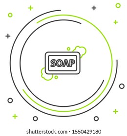 Black and green line Bar of soap with foam icon isolated on white background. Soap bar with bubbles. Colorful outline concept. Vector Illustration