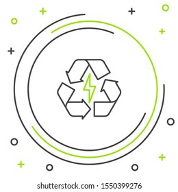 Black and green line Battery with recycle symbol line icon isolated on white background. Battery with recycling symbol - renewable energy concept. Colorful outline concept. Vector Illustration