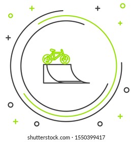 Black and green line Bicycle on street ramp icon isolated on white background. Skate park. Extreme sport. Sport equipment. Colorful outline concept. Vector Illustration
