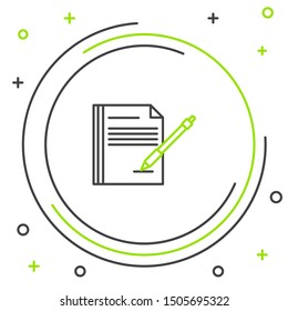 Black and green line Blank notebook and pen icon isolated on white background. Paper and pen. Colorful outline concept. Vector Illustration