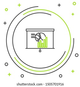 Black and green line Board with graph chart icon isolated on white background. Report text file icon. Accounting sign. Audit, analysis, planning. Colorful outline concept. Vector Illustration