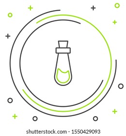 Black and green line Bottle with potion icon isolated on white background. Flask with magic potion. Happy Halloween party. Colorful outline concept. Vector Illustration