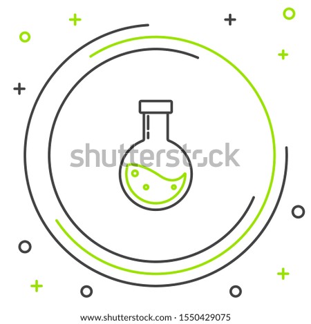 Black and green line Bottle with potion icon isolated on white background. Flask with magic potion. Happy Halloween party. Colorful outline concept. Vector Illustration
