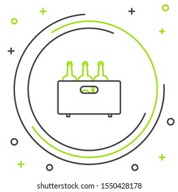 Black and green line Bottles of wine in a wooden box icon isolated on white background. Wine bottles in a wooden crate icon. Colorful outline concept. Vector Illustration