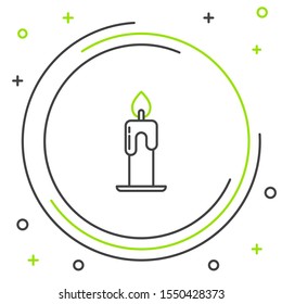 Black and green line Burning candle icon isolated on white background. Cylindrical aromatic candle stick with burning flame. Happy Halloween party. Colorful outline concept. Vector Illustration
