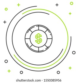 Black and green line Casino chip with dollar symbol icon isolated on white background. Casino gambling. Colorful outline concept. Vector Illustration