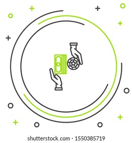 Black and green line Casino chips exchange on stacks of dollars icon isolated on white background. Colorful outline concept. Vector Illustration