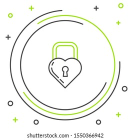 Black and green line Castle in the shape of a heart icon isolated on white background. Locked Heart. Love symbol and keyhole sign. Colorful outline concept. Vector Illustration
