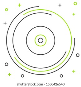 Black and green line CD or DVD disk icon isolated on white background. Compact disc sign. Colorful outline concept. Vector Illustration