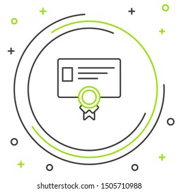 Black and green line Certificate template icon on white background. Achievement, award, degree, grant, diploma concepts. Business success certificate. Colorful outline concept. Vector Illustration