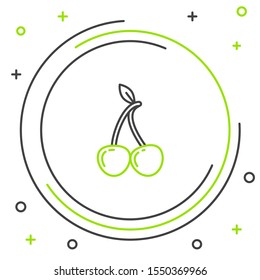 Black and green line Cherry icon isolated on white background. Fruit with leaf symbol. Colorful outline concept. Vector Illustration