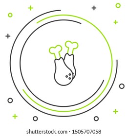 Black and green line Chicken leg icon isolated on white background. Chicken drumstick. Colorful outline concept. Vector Illustration