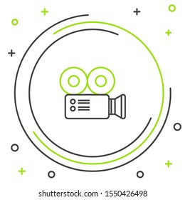 Black and green line Cinema camera icon isolated on white background. Video camera. Movie sign. Film projector. Colorful outline concept. Vector Illustration