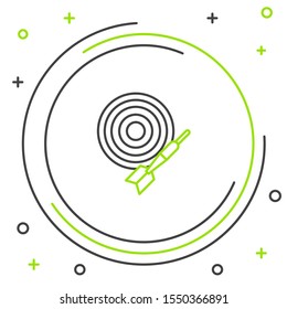 Black and green line Classic dart board and arrow icon isolated on white background. Dartboard sign. Game concept. Colorful outline concept. Vector Illustration