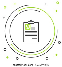 Black and green line Clipboard with resume icon isolated on white background. CV application. Curriculum vitae, job application form with profile photo.  Colorful outline concept. Vector Illustration