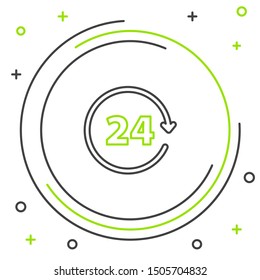 Black and green line Clock 24 hours icon isolated on white background. All day cyclic icon. 24 hours service symbol. Colorful outline concept. Vector Illustration
