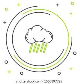 Black and green line Cloud with rain icon isolated on white background. Rain cloud precipitation with rain drops. Colorful outline concept. Vector Illustration