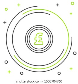 Black and green line Coin money with pound sterling symbol icon isolated on white background. Banking currency sign. Cash symbol. Colorful outline concept. Vector Illustration