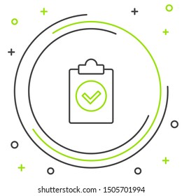 Black and green line Completed task icon isolated on white background. Compliance inspection approved. Checklist sign. Certified document symbol. Colorful outline concept. Vector Illustration