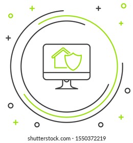 Black and green line Computer monitor with house under protection icon on white background. Protection, safety, security, protect, defense concept. Colorful outline concept. Vector Illustration