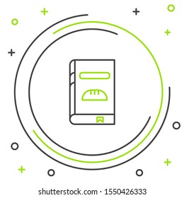 Black and green line Cookbook icon isolated on white background. Cooking book icon. Recipe book. Fork and knife icons. Cutlery symbol. Colorful outline concept. Vector Illustration