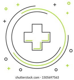 Black and green line Cross hospital medical icon isolated on white background. First aid. Diagnostics symbol. Medicine and pharmacy sign. Colorful outline concept. Vector Illustration