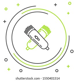 Black and green line Crossed electrical hair clipper or shaver icon isolated on white background. Barbershop symbol. Colorful outline concept. Vector Illustration