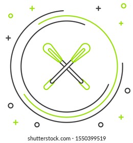 Black and green line Crossed paddle icon isolated on white background. Paddle boat oars. Colorful outline concept. Vector Illustration