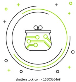 Black and green line Cryptocurrency wallet icon isolated on white background. Wallet and bitcoin sign. Mining concept. Money, payment, cash, pay icon. Colorful outline concept. Vector Illustration