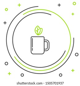 Black and green line Cup of tea and leaf icon isolated on white background. Colorful outline concept. Vector Illustration