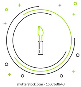 Black and green line Cutter tool icon isolated on white background. Sewing knife with blade. Colorful outline concept. Vector Illustration