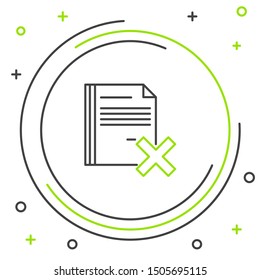 Black and green line Delete file document icon isolated on white background. Rejected document icon. Cross on paper. Colorful outline concept. Vector Illustration