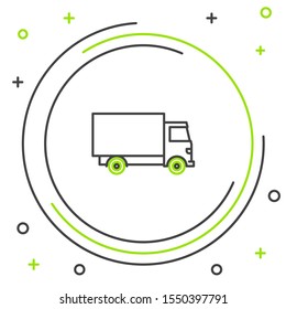 Black and green line Delivery cargo truck vehicle icon isolated on white background. Colorful outline concept. Vector Illustration