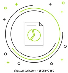 Black and green line Document with graph chart icon isolated on white background. Report text file icon. Accounting sign. Audit, analysis, planning. Colorful outline concept. Vector Illustration