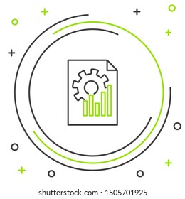Black and green line Document with graph chart icon isolated on white background. Report text file icon. Accounting sign. Audit, analysis, planning. Colorful outline concept. Vector Illustration