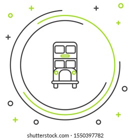 Black and green line Double decker bus icon isolated on white background. London classic passenger bus. Public transportation symbol. Colorful outline concept. Vector Illustration