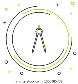 Black and green line Drawing compass icon isolated on white background. Compasses sign. Drawing and educational tools. Geometric instrument. Colorful outline concept. Vector Illustration