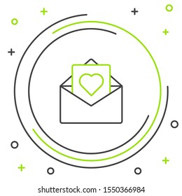 Black and green line Envelope with Valentine heart icon isolated on white background. Message love. Letter love and romance. Colorful outline concept. Vector Illustration