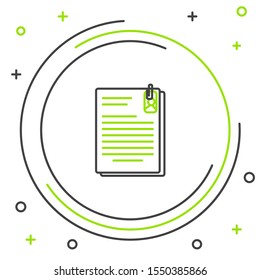 Black and green line File document and paper clip icon isolated on white background. Checklist icon. Business concept. Colorful outline concept. Vector Illustration