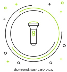 Black and green line Flashlight icon isolated on white background. Colorful outline concept. Vector Illustration
