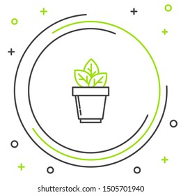 Black and green line Flowers in pot icon isolated on white background. Plant growing in a pot. Potted plant sign. Colorful outline concept. Vector Illustration