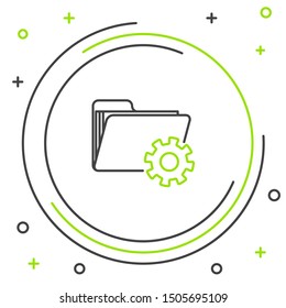 Black and green line Folder settings with gears icon isolated on white background. Software update, transfer protocol, teamwork tool management. Colorful outline concept. Vector Illustration